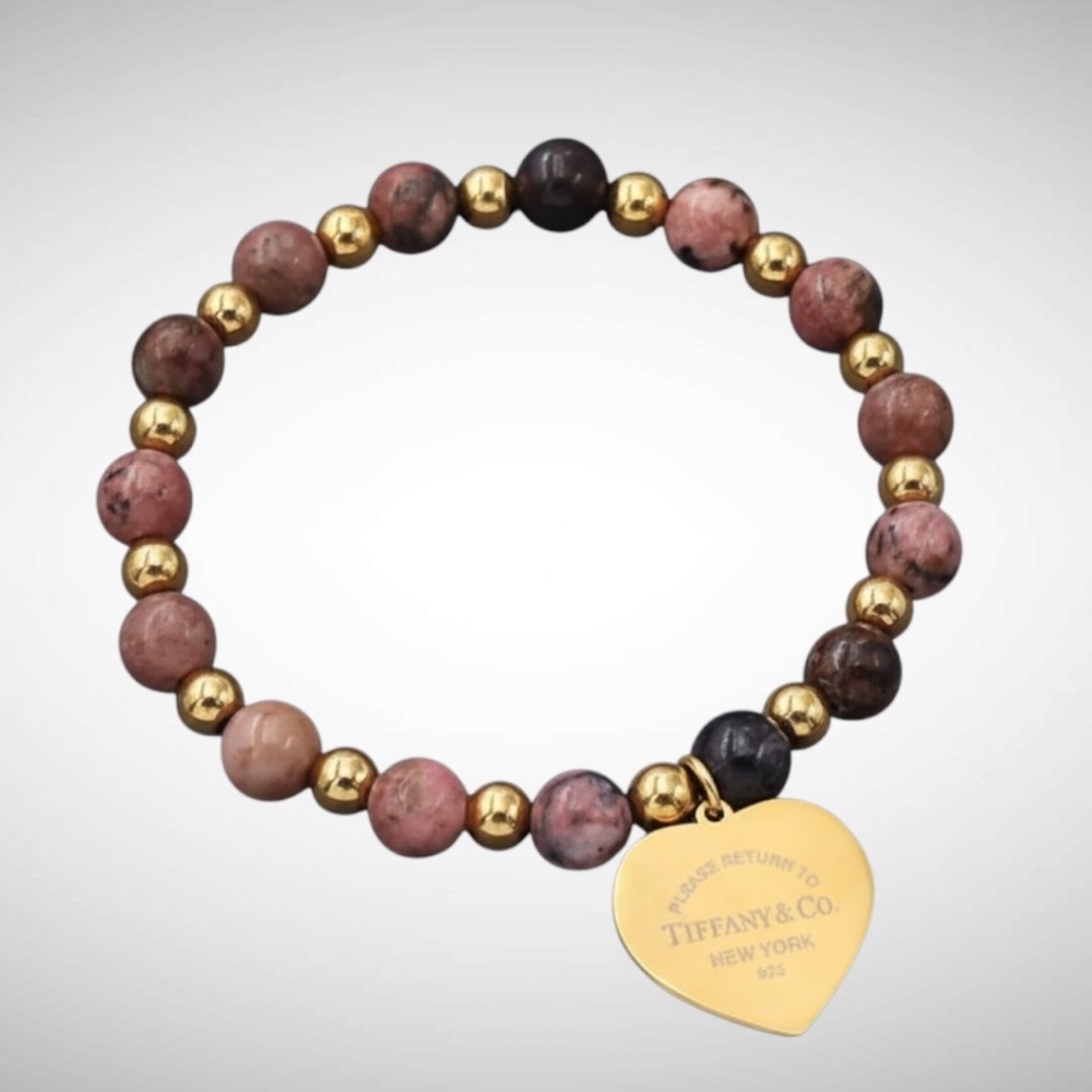 💗 Pink, Mauve, Rose Beaded Bracelet w/Gold Heart Charm Brand New!